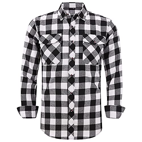 Flannel Plaid Shirt for Men - Regular-Fit Long-Sleeved Casual Button-Down Shirt (White Black Buffalo Check, Medium)