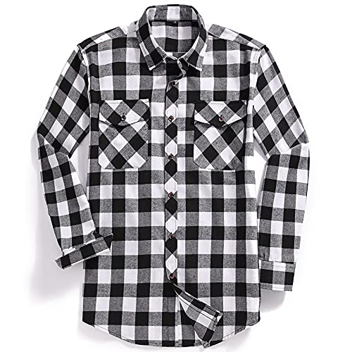 Flannel Plaid Shirt for Men - Regular-Fit Long-Sleeved Casual Button-Down Shirt (White Black Buffalo Check, Medium)