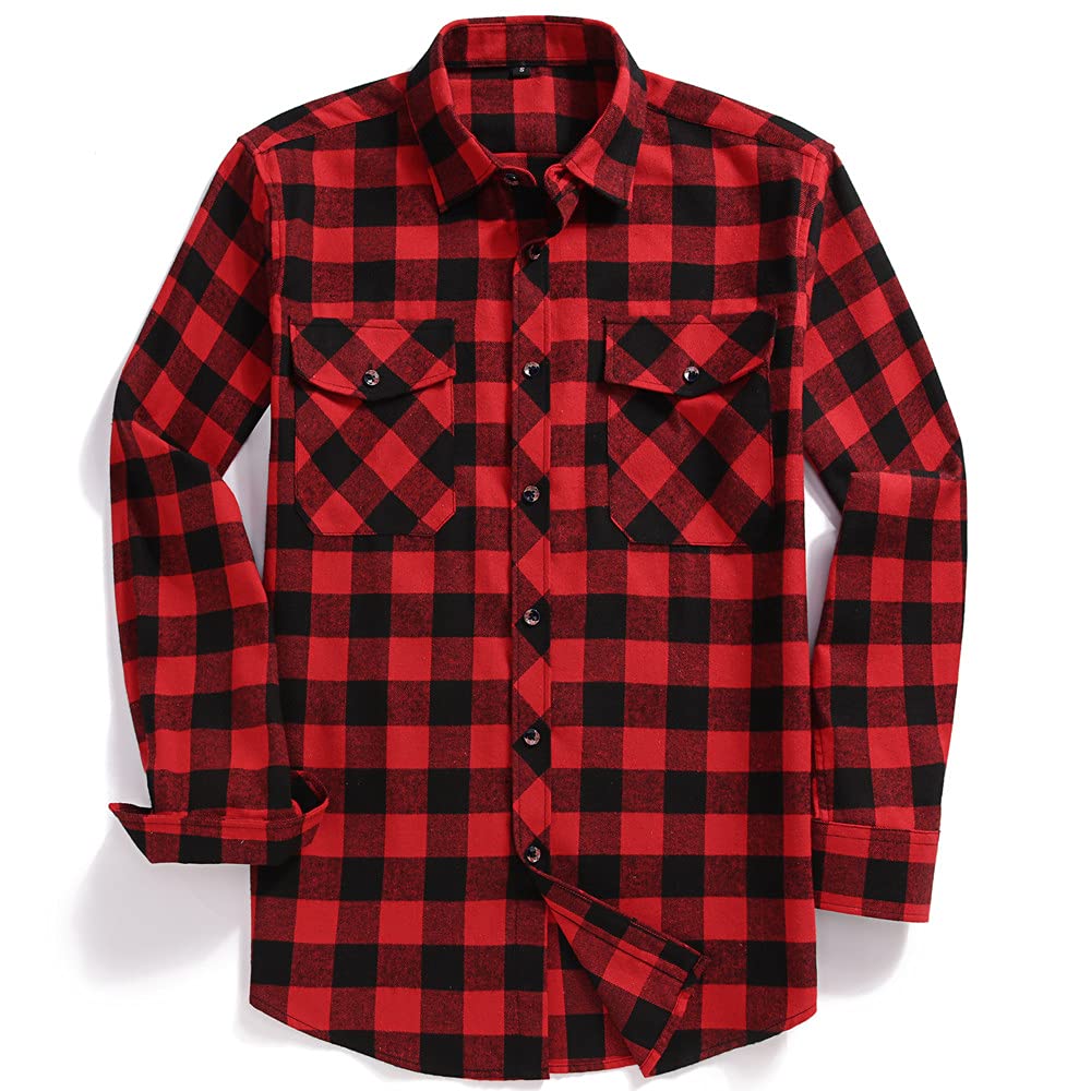 Flannel Plaid Shirt for Men - Regular-Fit Long-Sleeved Casual Button-Down Shirt (White Black Buffalo Check, Medium)