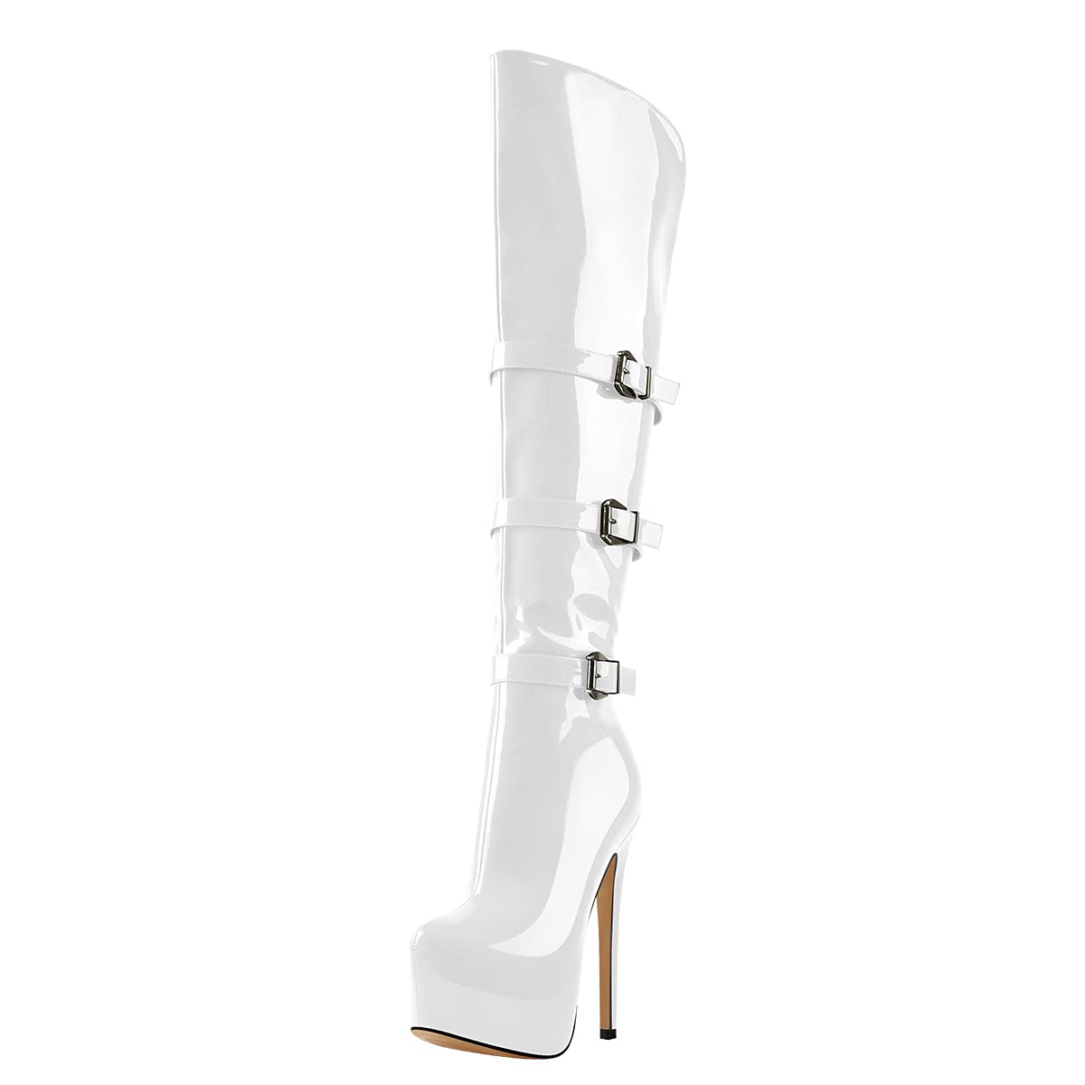 richealnini Women's Over the Knee High Boots with Side Zipper Patent Leather Stiletto Heeled Booties Long Shaft and Wide Calf Buckles Punk Biker Motorcycle Walking Boots Party Shoes White Size 10