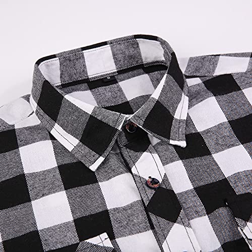 Flannel Plaid Shirt for Men - Regular-Fit Long-Sleeved Casual Button-Down Shirt (White Black Buffalo Check, Medium)