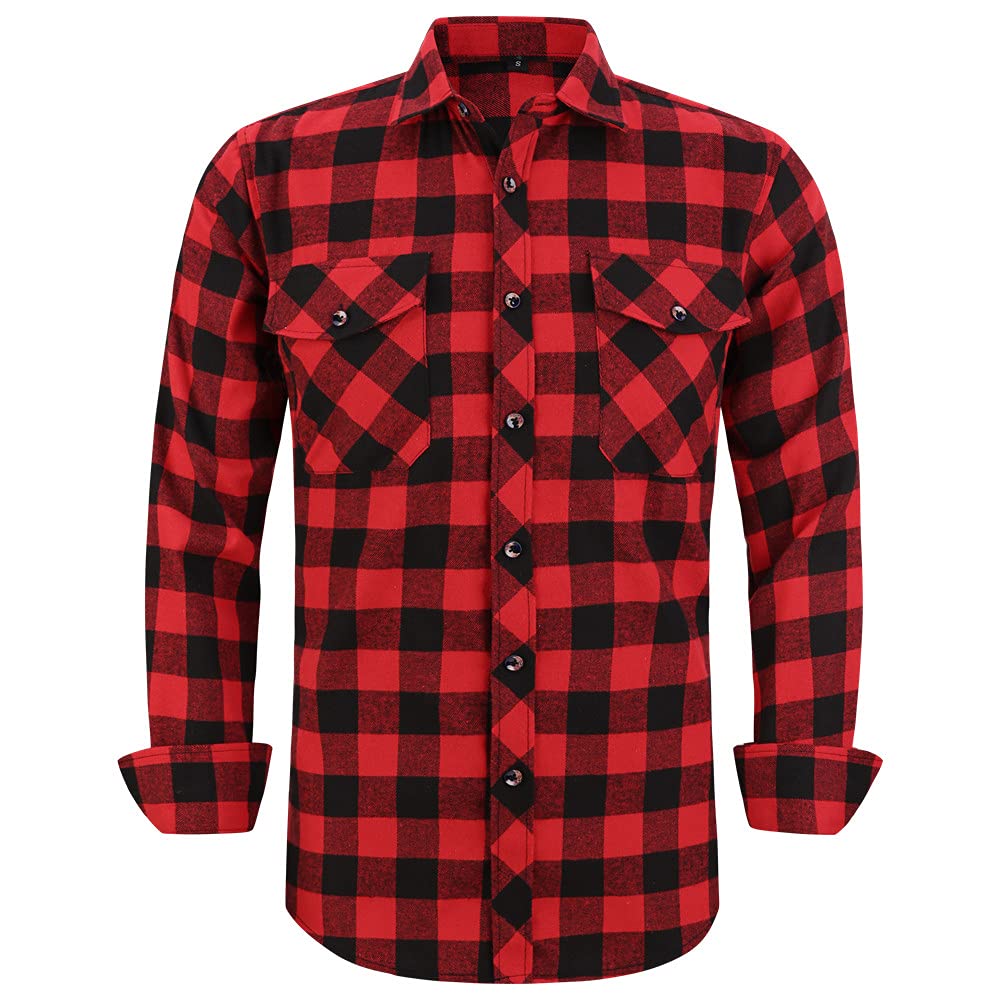 Flannel Plaid Shirt for Men - Regular-Fit Long-Sleeved Casual Button-Down Shirt (White Black Buffalo Check, Medium)