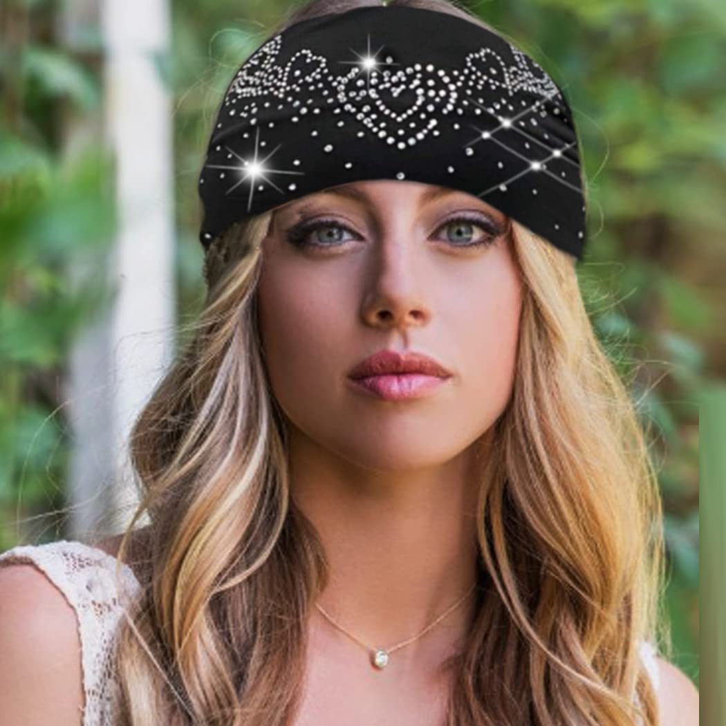 CAKURE Bling Headbands Rhinestone Wide Head Bands Knotted Black Turban Crystal Sparkle Bling HairBands Party Club Head Wraps Glittery for Women and Girls (Type A)